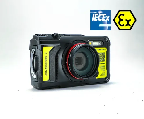 Angled side view of the Armadex OZC-3 ATEX and IECEx certified intrinsically safe camera with wrist strap attachment point