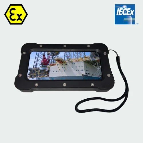 Armadex TCO-60 ATEX inspection camera showing a photo of an offshore drilling rig on its 6.36-inch screen